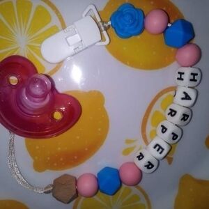 Pink and Blue Pacifier Clip with Custom Name Beads